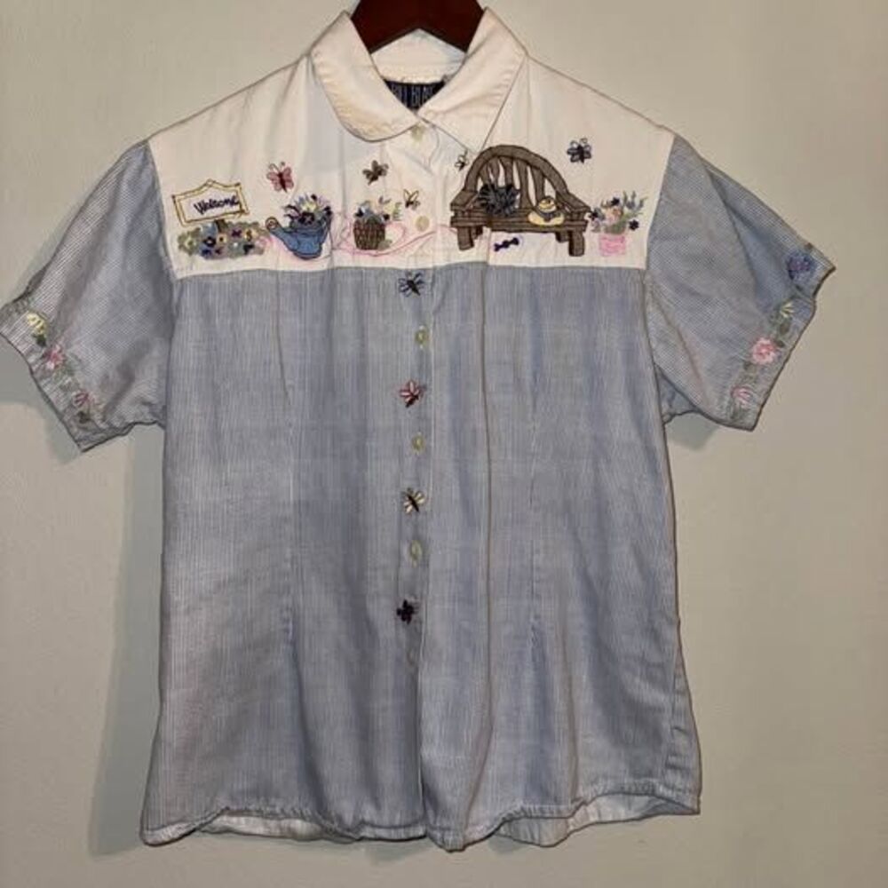 Vintage Bill Blass Embroidered Garden Button Down Shirt Cottagecore